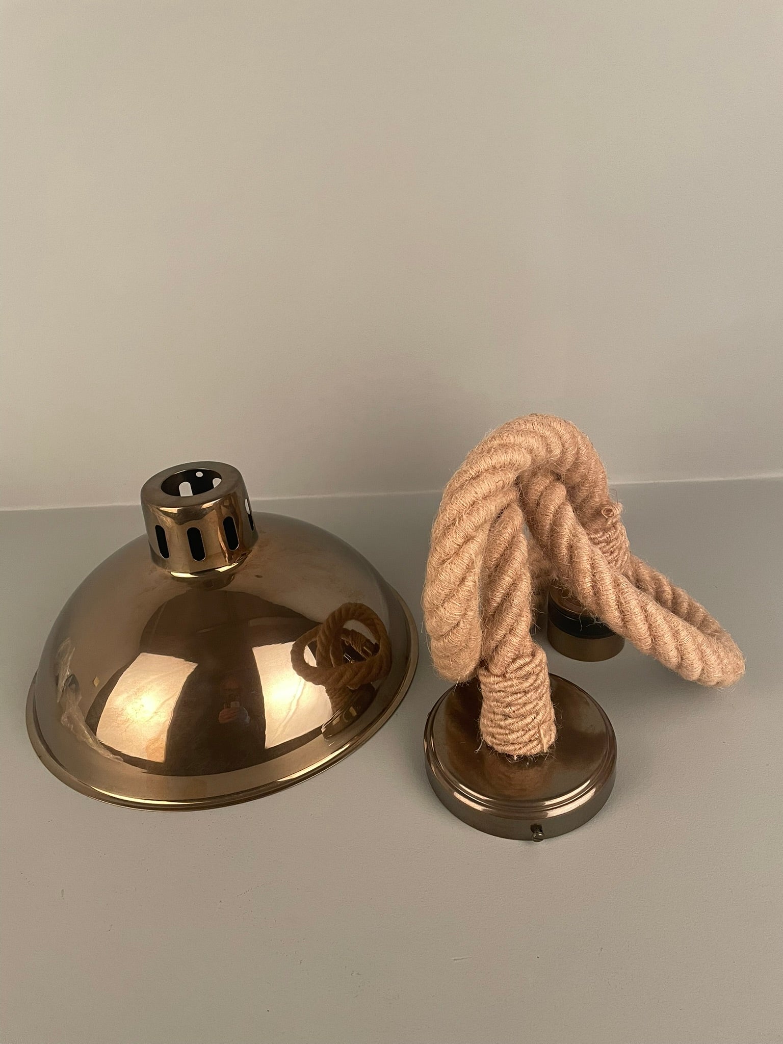 Tahiti Jute Rope Pendant Light with Vintage Brass Shade 30cm IP65 - Subtle Wear