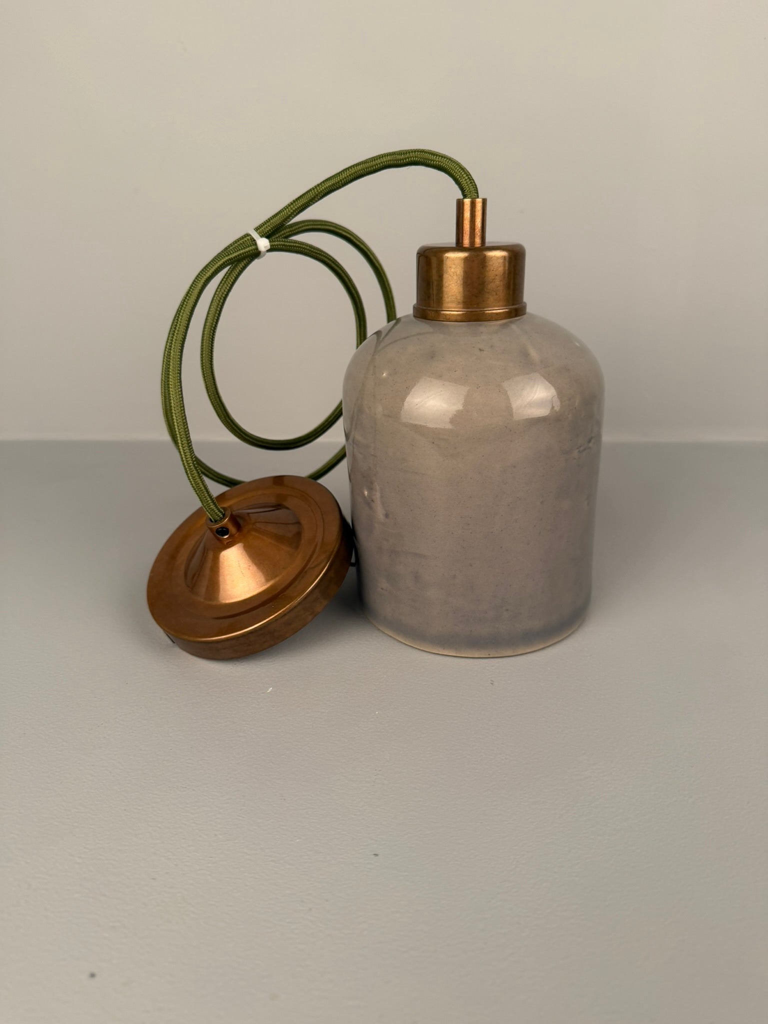 Bespoke Grey-Green Ceramic Pendant with Green Cable 12cm IP20 - Some Wear and Tear