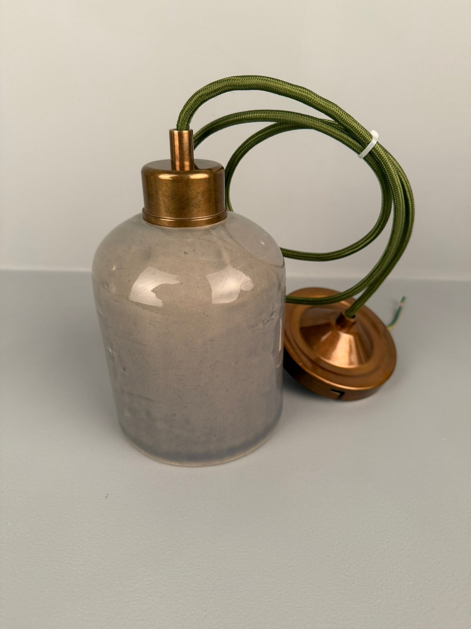 Bespoke Grey-Green Ceramic Pendant with Green Cable 12cm IP20 - Some Wear and Tear