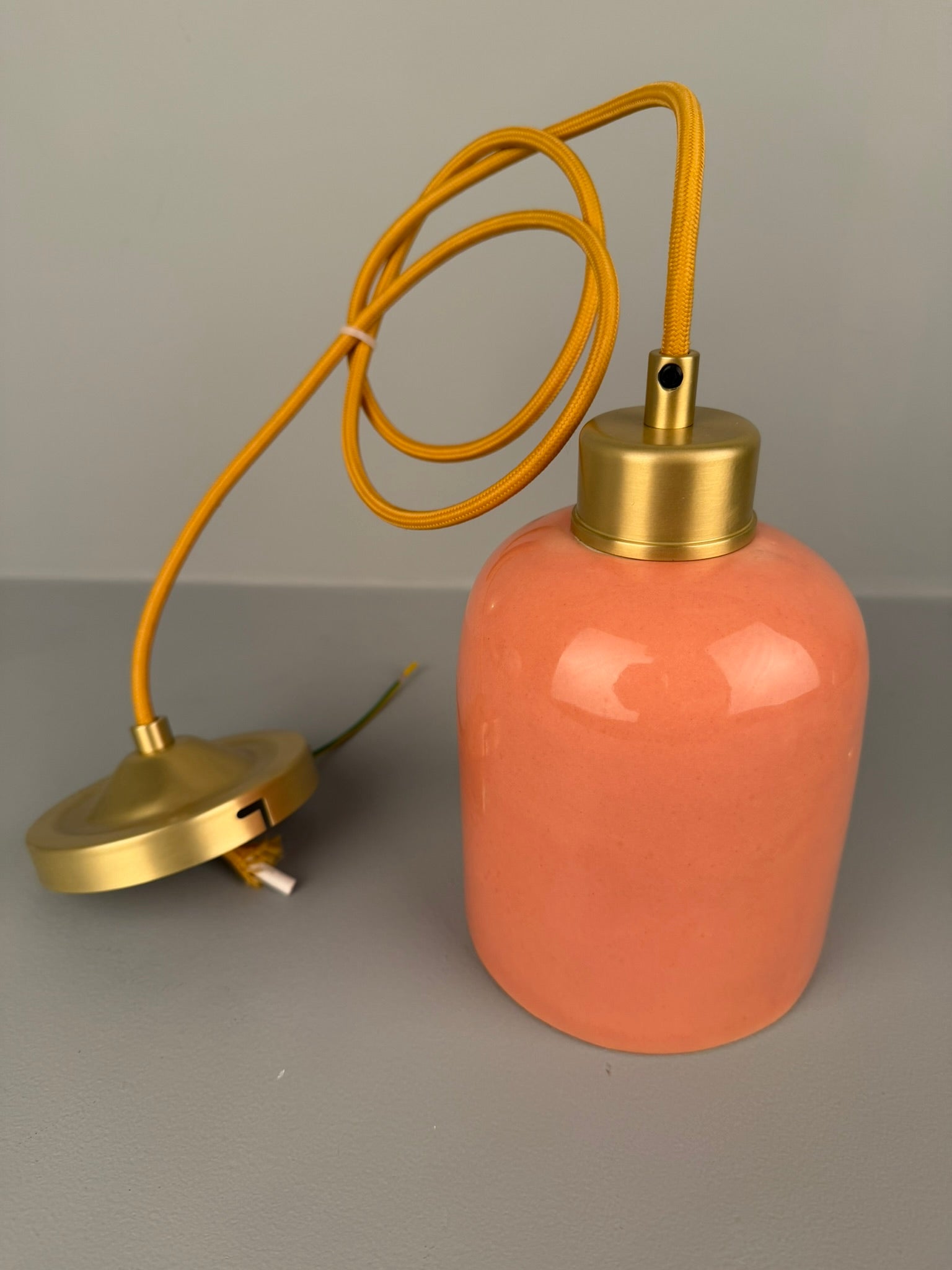 Bespoke Pink Ceramic Pendant with Yellow Cable 12cm IP20 - Some Wear and Tear