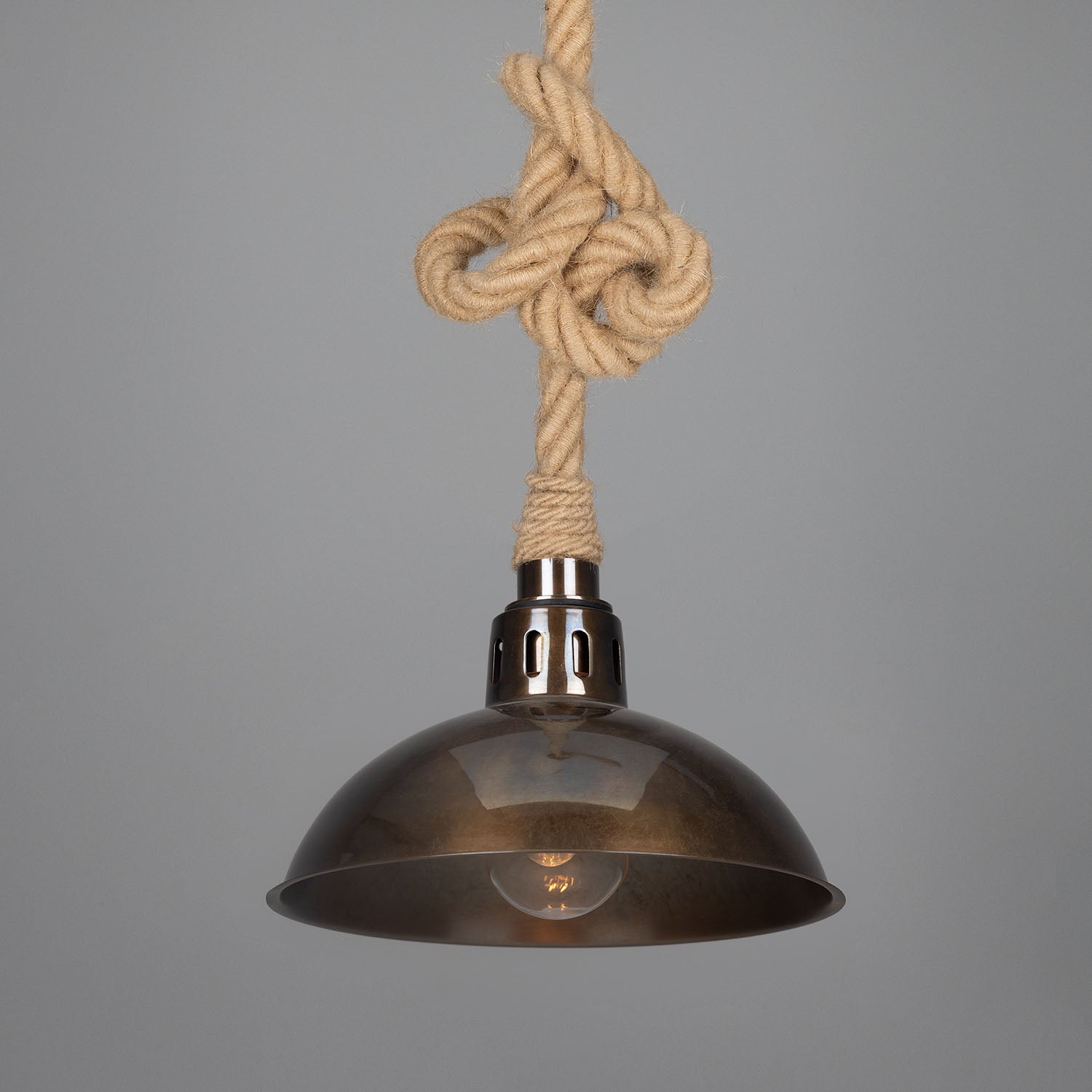 Tahiti Jute Rope Pendant Light with Vintage Brass Shade 30cm IP65 - Subtle Wear