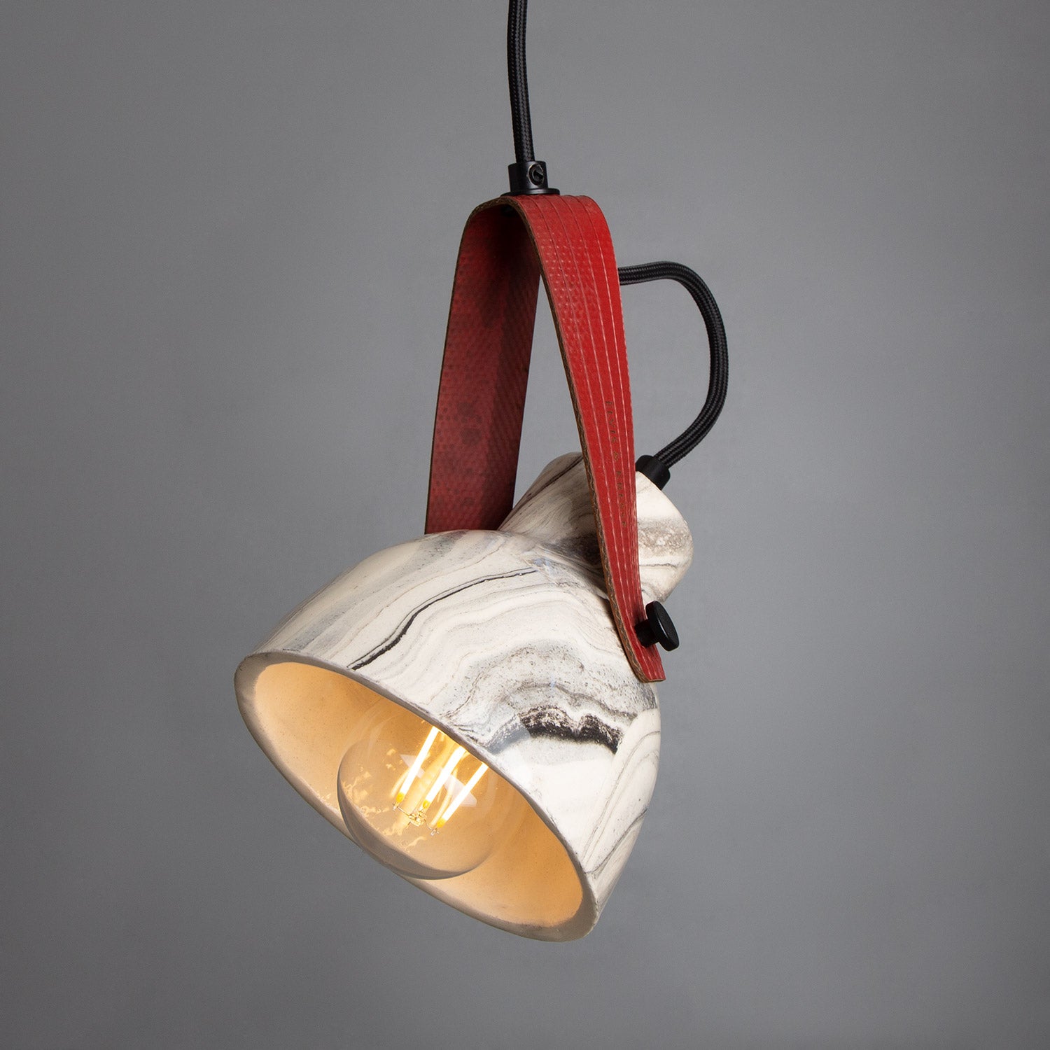Pera Marbled Ceramic Pendant with Rescued Fire-Hose Strap 15cm IP20 - Subtle Wear