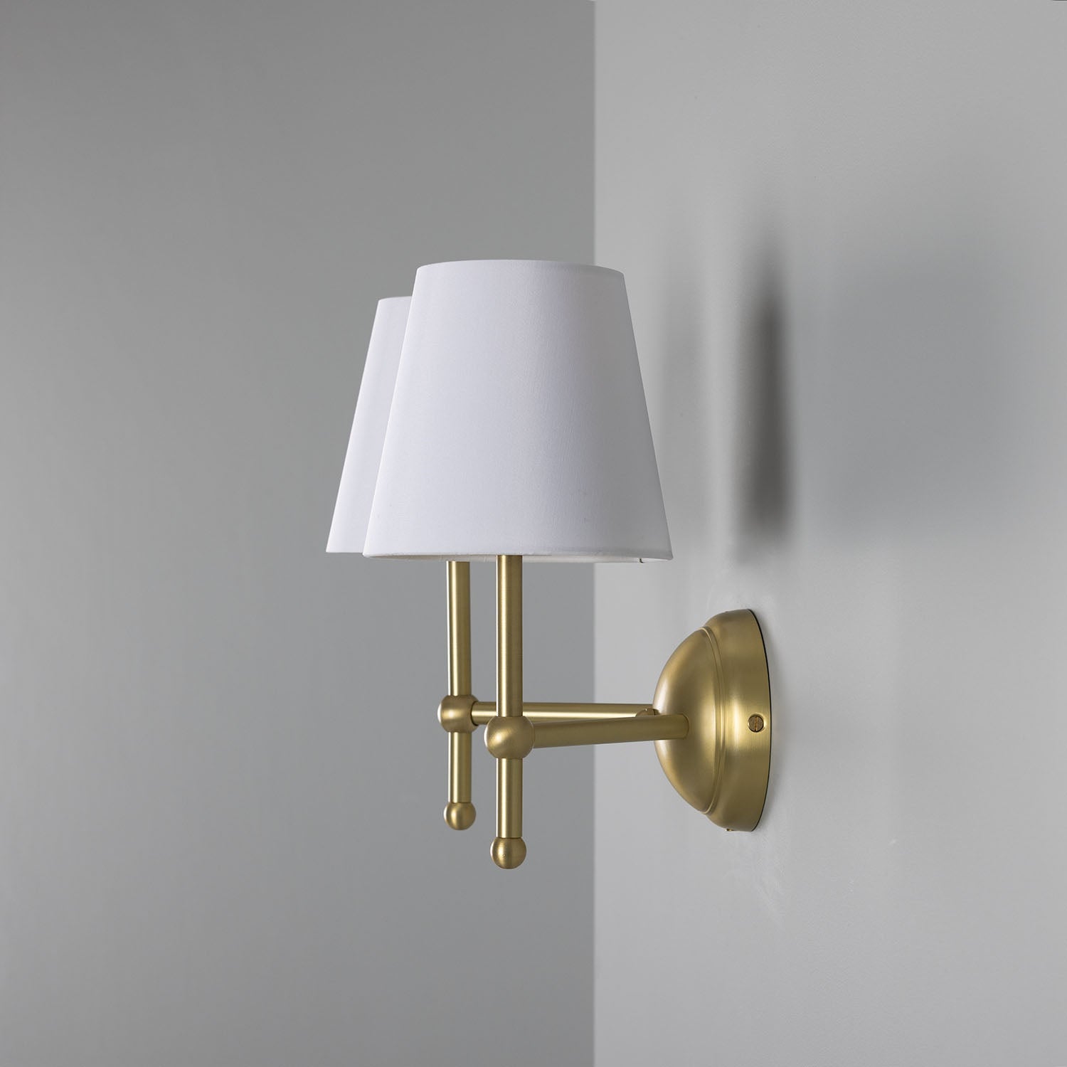 Bursa Modern Brass Double Wall Light with Fabric Shades - Subtle Wear