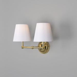 Busan Modern Brass Double Wall Light with Fabric Shades - View 13