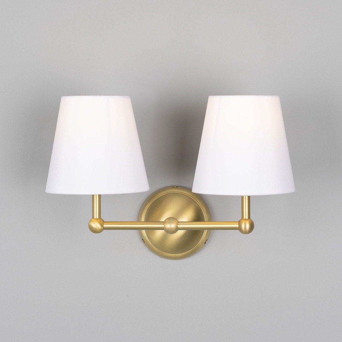 Busan Modern Brass Double Wall Light with Fabric Shades - View 2