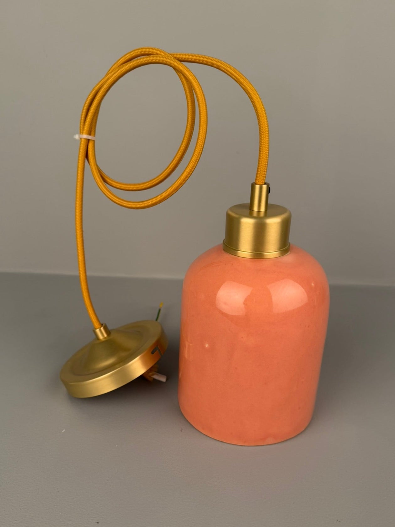 Bespoke Pink Ceramic Pendant with Yellow Cable 12cm IP20 - Some Wear and Tear