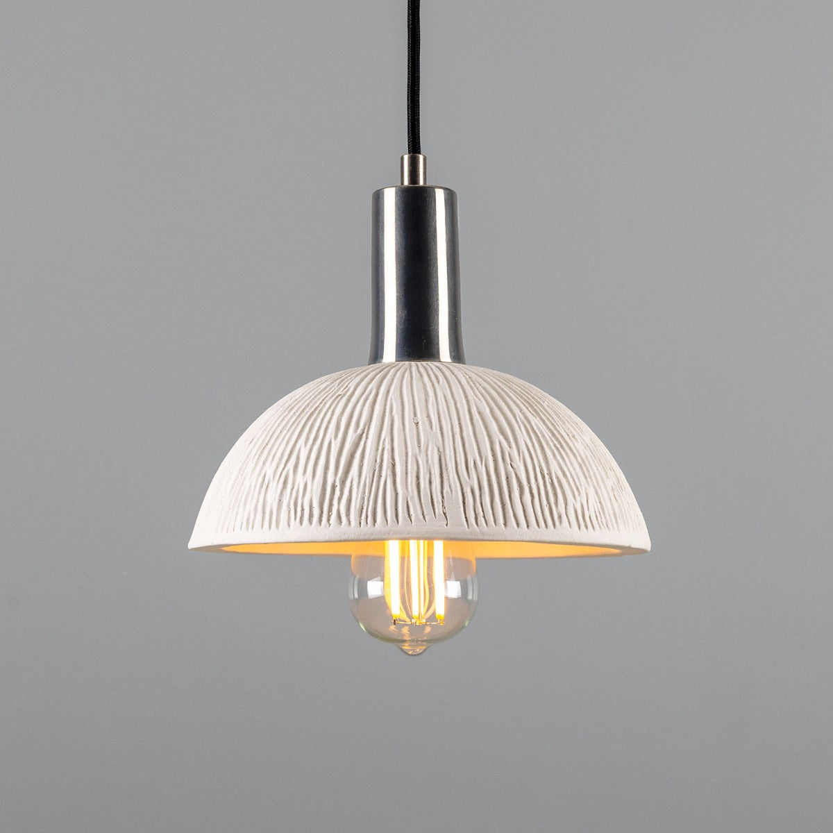 Kauri Organic Ceramic Dome Pendant Light 20cm, Matte White Striped - Main View