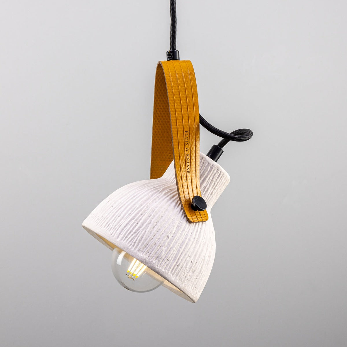Pera Ceramic Pendant with Rescued Fire-Hose Strap, Matte White Striped - Main View