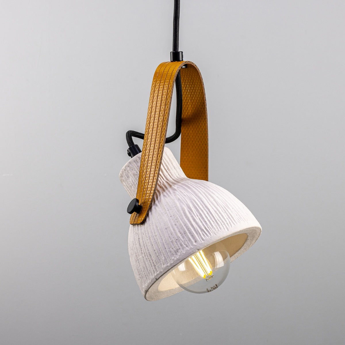 Pera Ceramic Pendant with Rescued Fire-Hose Strap, Matte White Striped - View 2