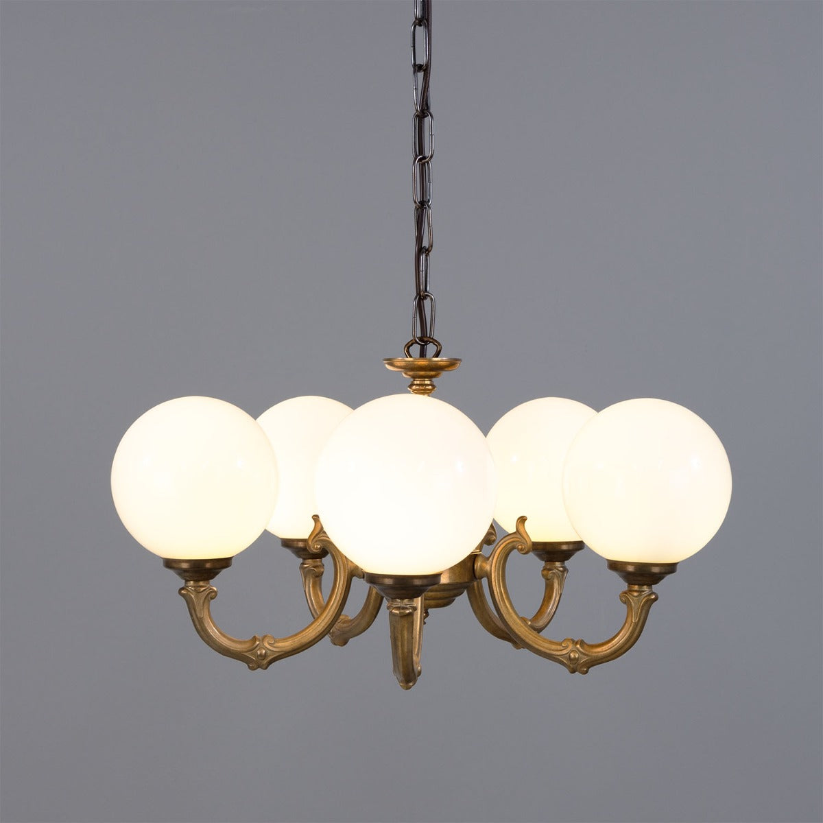 Ben Ornate Brass Chandelier with Opal Glass Globes, Five-Arm - View 14