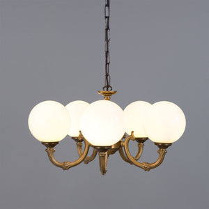 Ben Ornate Brass Chandelier with Opal Glass Globes, Five-Arm - View 14