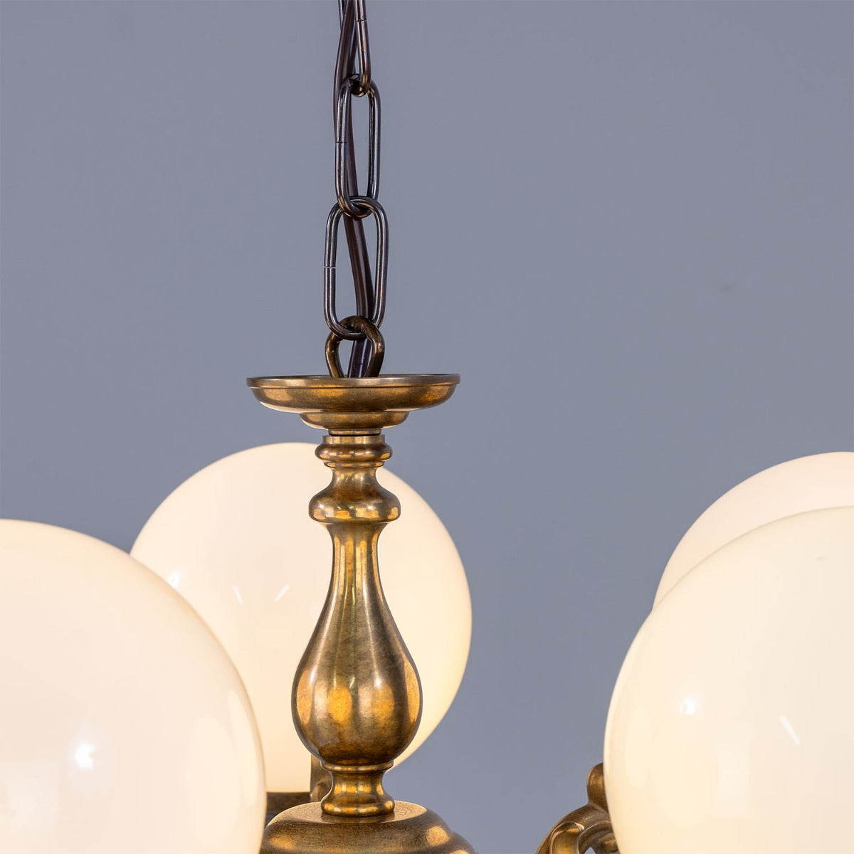 Ben Ornate Brass Chandelier with Opal Glass Globes, Five-Arm - View 15