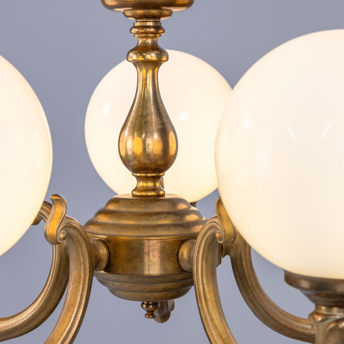 Ben Ornate Brass Chandelier with Opal Glass Globes, Five-Arm - View 16