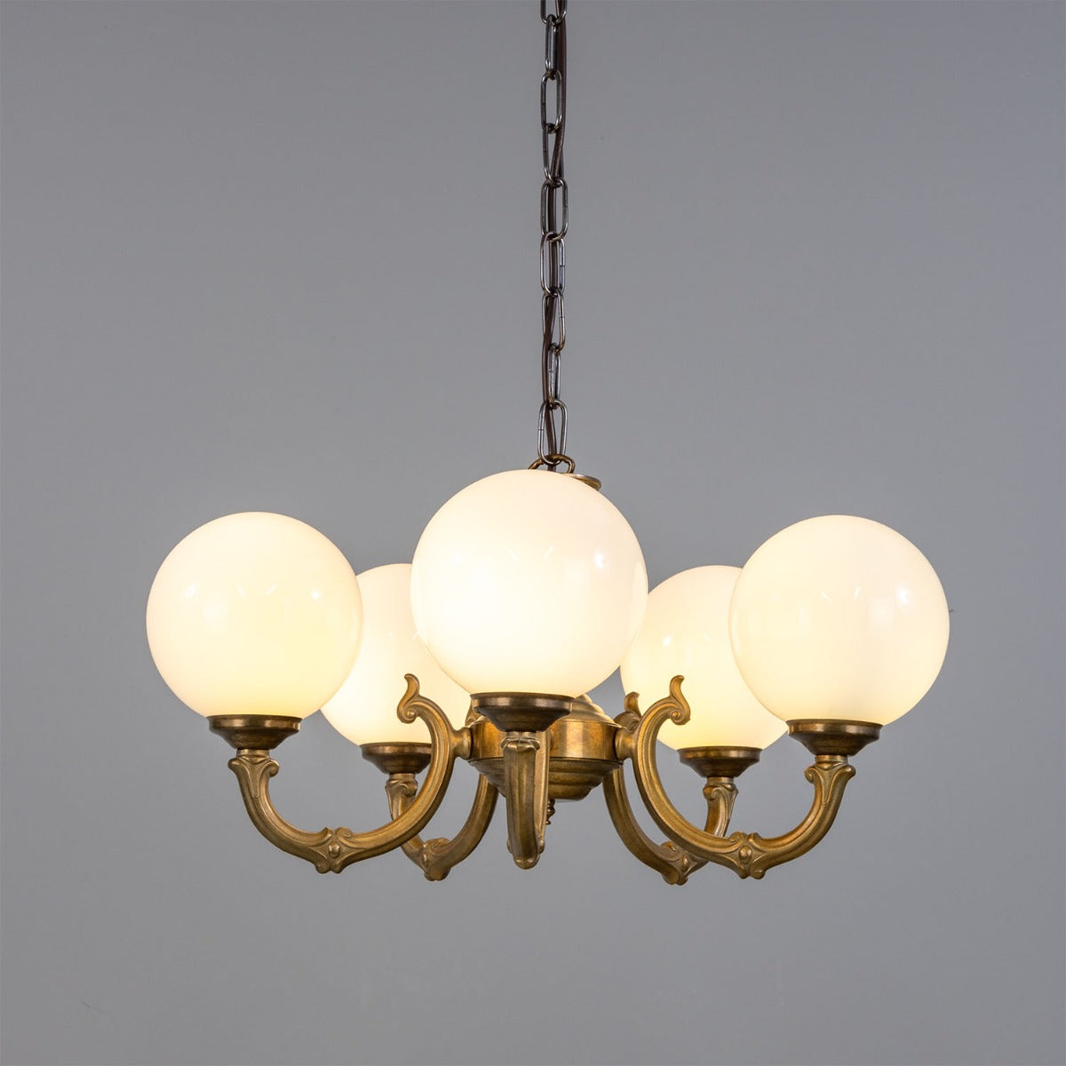 Ben Ornate Brass Chandelier with Opal Glass Globes, Five-Arm - View 13