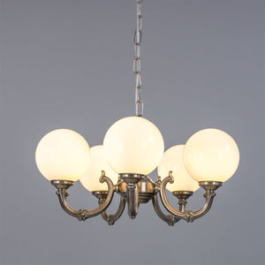 Ben Ornate Brass Chandelier with Opal Glass Globes, Five-Arm - View 19