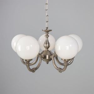 Ben Ornate Brass Chandelier with Opal Glass Globes, Five-Arm - View 21