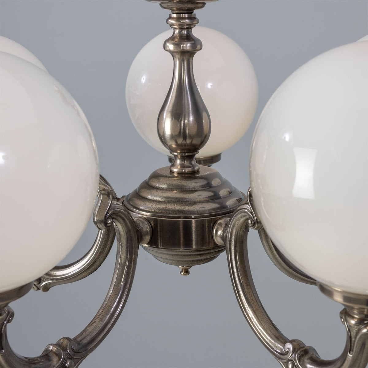 Ben Ornate Brass Chandelier with Opal Glass Globes, Five-Arm - View 23