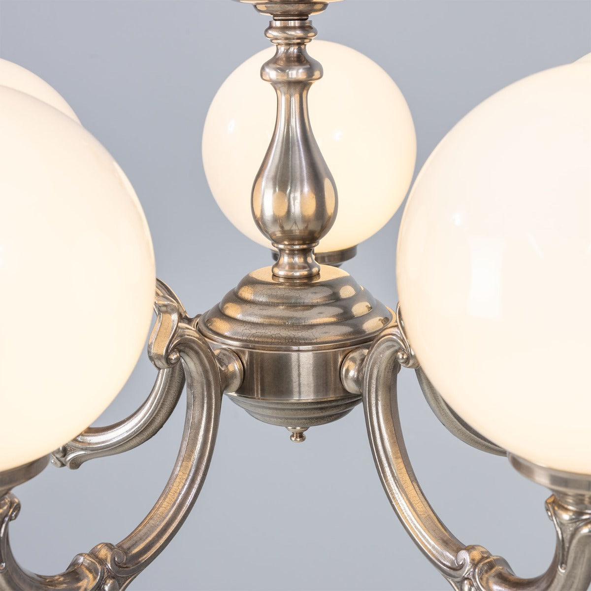 Ben Ornate Brass Chandelier with Opal Glass Globes, Five-Arm - View 24