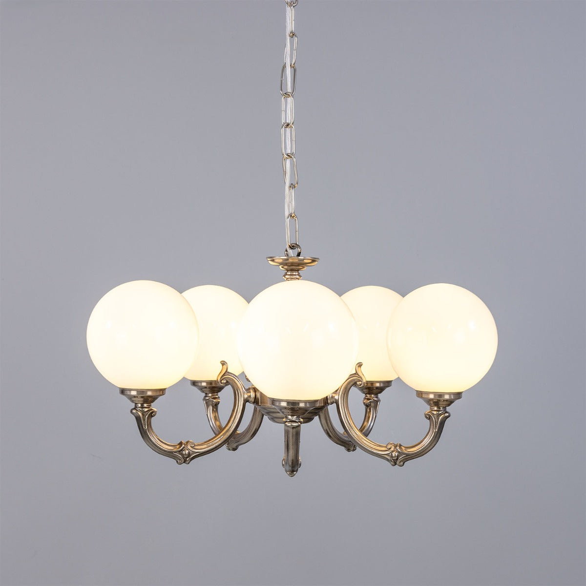 Ben Ornate Brass Chandelier with Opal Glass Globes, Five-Arm - View 18