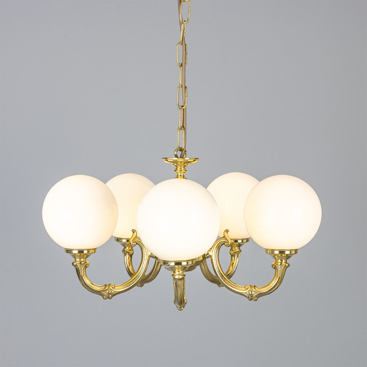 Ben Ornate Brass Chandelier with Opal Glass Globes, Five-Arm - View 2
