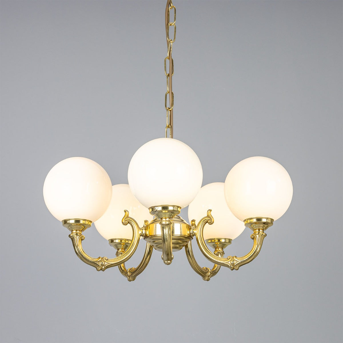 Ben Ornate Brass Chandelier with Opal Glass Globes, Five-Arm - View 3
