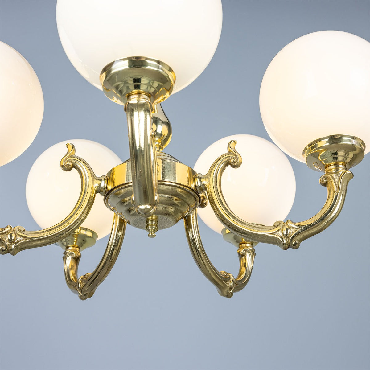 Ben Ornate Brass Chandelier with Opal Glass Globes, Five-Arm - View 4