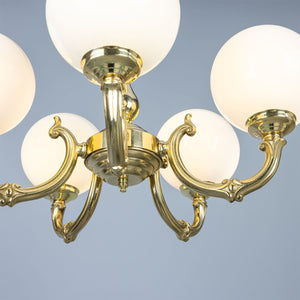 Ben Ornate Brass Chandelier with Opal Glass Globes, Five-Arm - View 4