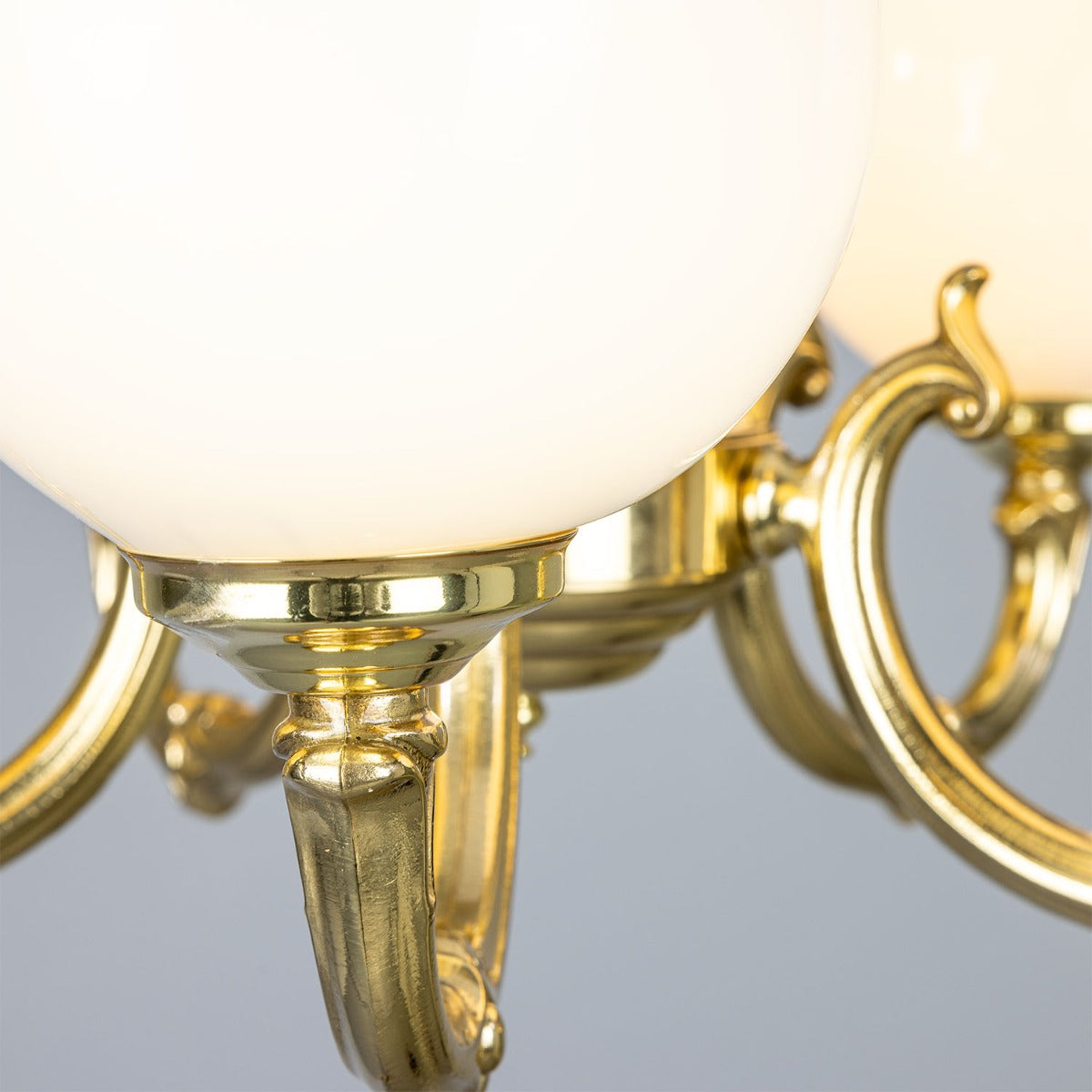 Ben Ornate Brass Chandelier with Opal Glass Globes, Five-Arm - View 5