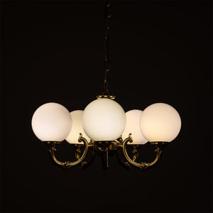 Ben Ornate Brass Chandelier with Opal Glass Globes, Five-Arm - View 7