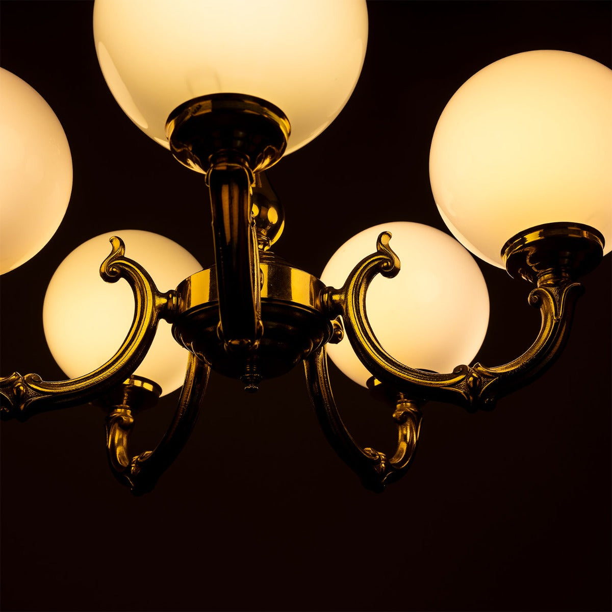 Ben Ornate Brass Chandelier with Opal Glass Globes, Five-Arm - View 8