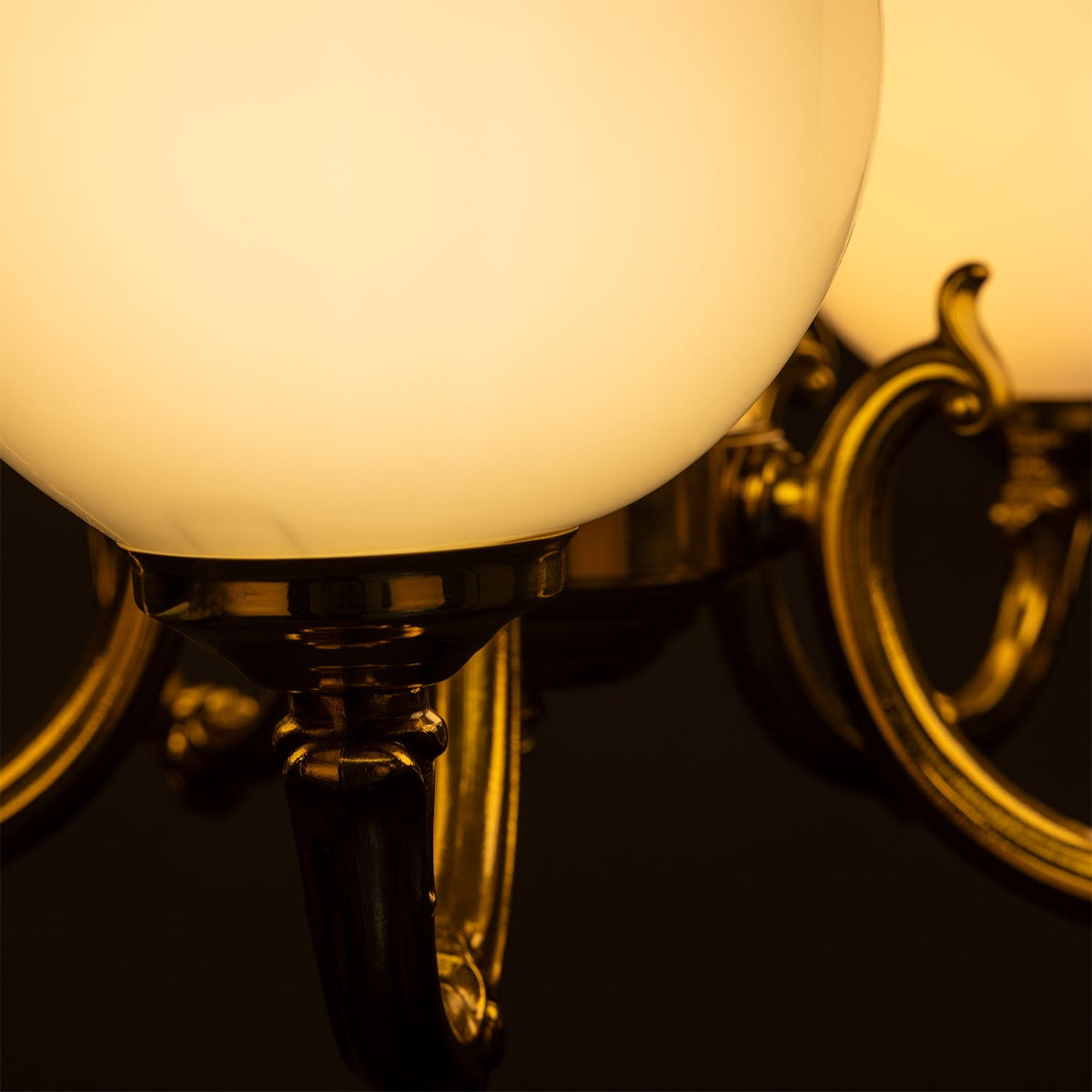 Ben Ornate Brass Chandelier with Opal Glass Globes, Five-Arm - View 9