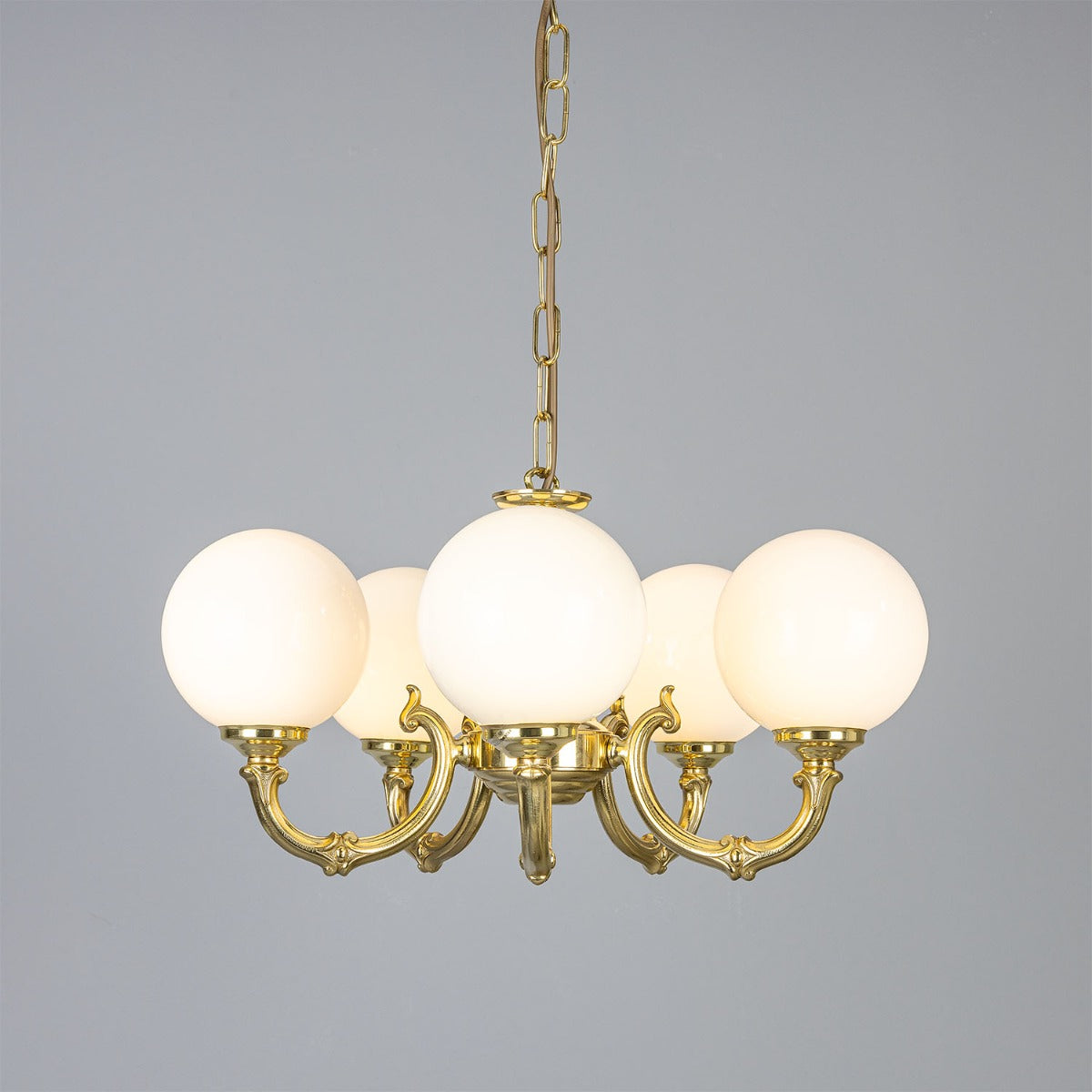 Ben Ornate Brass Chandelier with Opal Glass Globes, Five-Arm - Main View