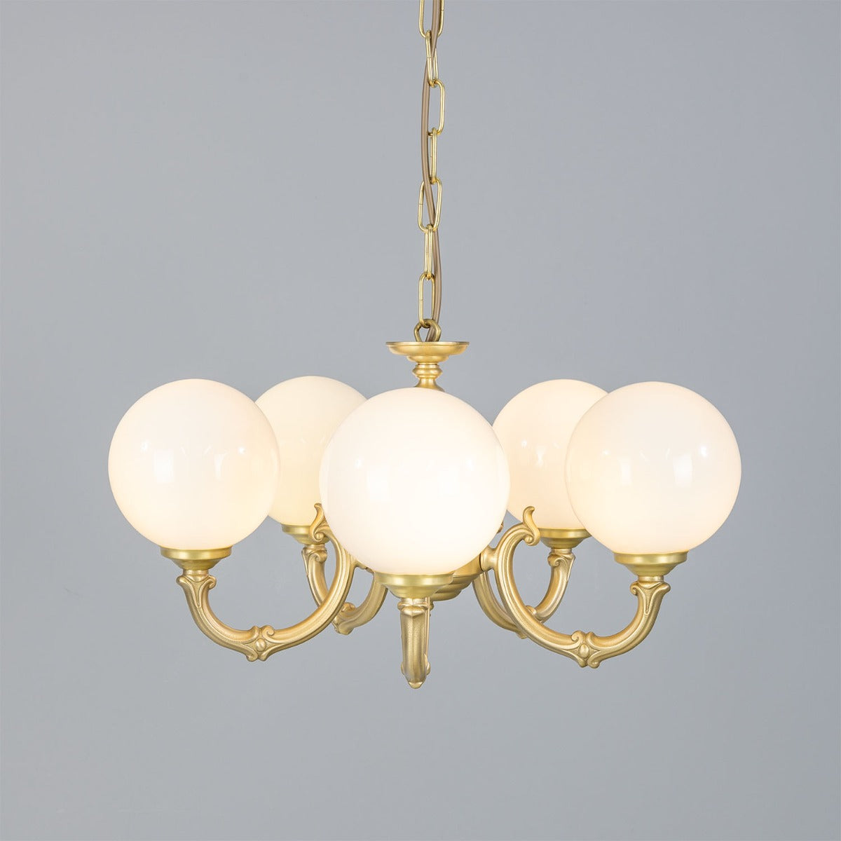 Ben Ornate Brass Chandelier with Opal Glass Globes, Five-Arm - View 26