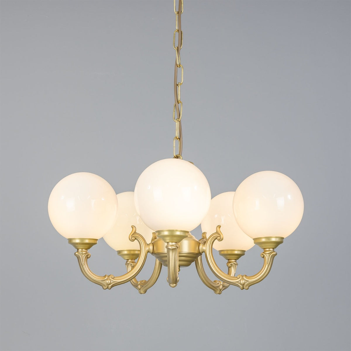 Ben Ornate Brass Chandelier with Opal Glass Globes, Five-Arm - View 27