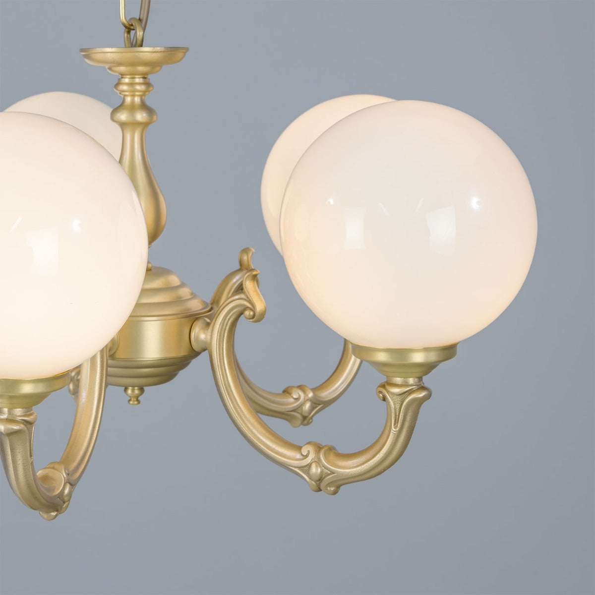 Ben Ornate Brass Chandelier with Opal Glass Globes, Five-Arm - View 30
