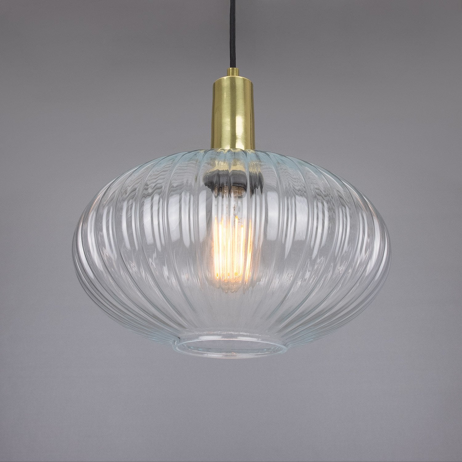 Neith Oval Reeded Glass and Brass Pendant 30cm - View 2