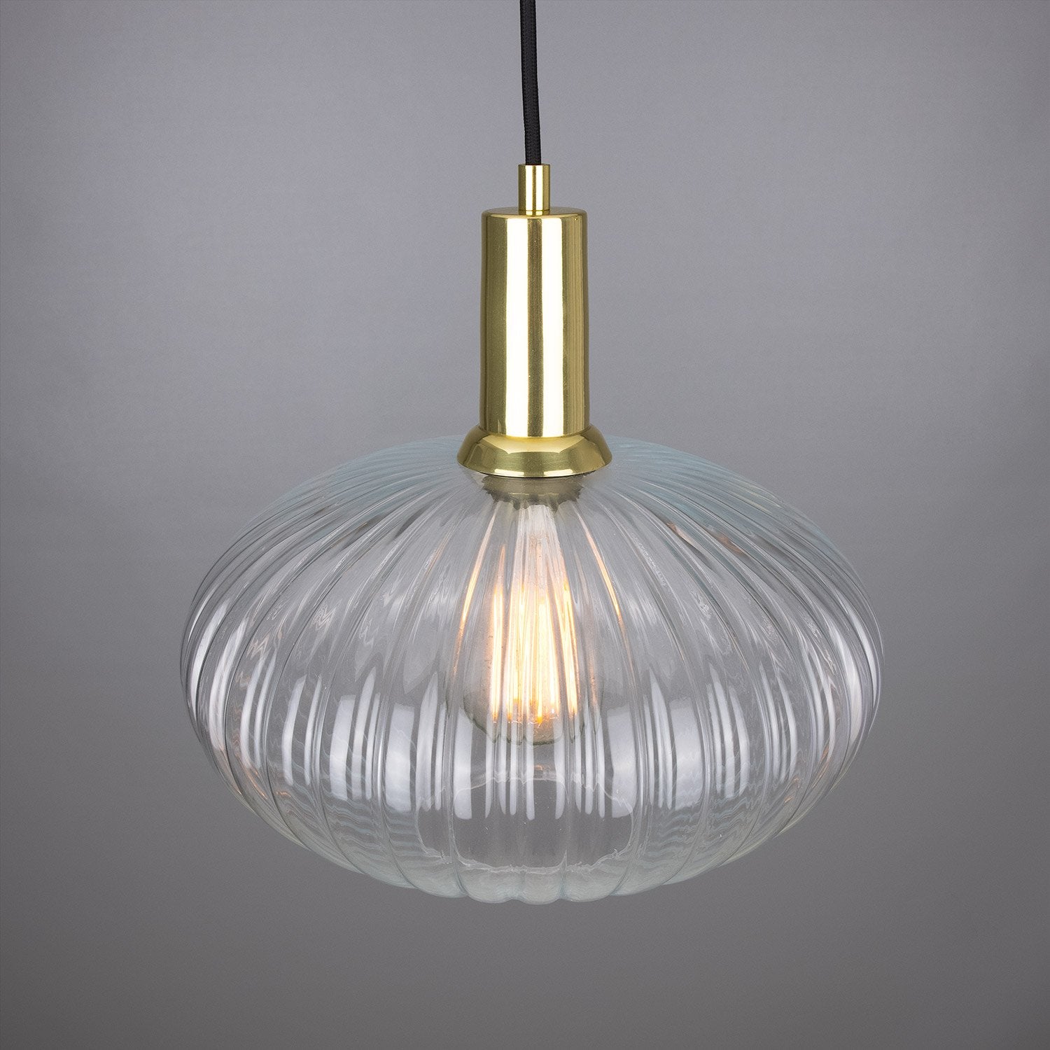 Neith Oval Reeded Glass and Brass Pendant 30cm - View 3