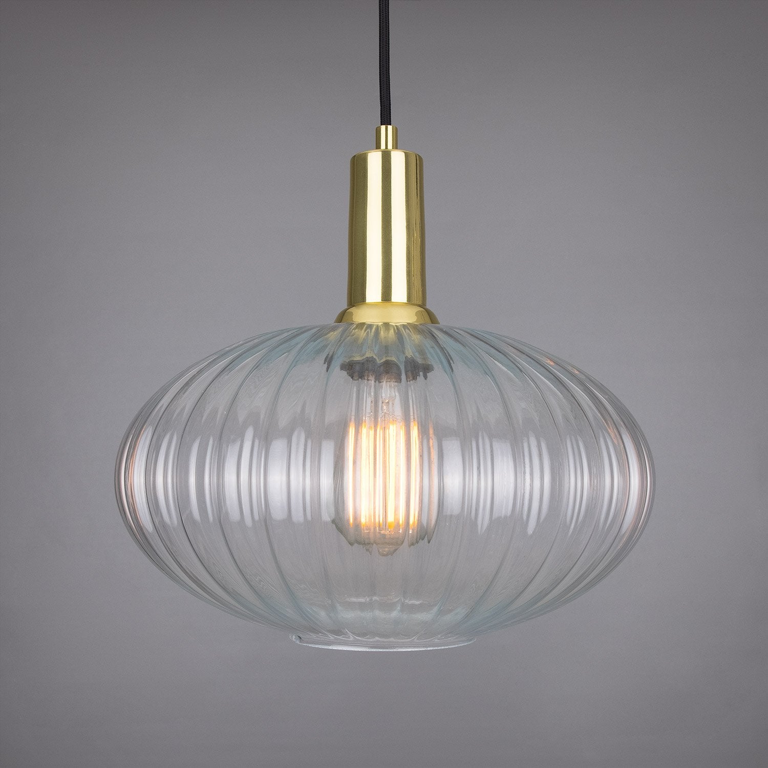 Neith Oval Reeded Glass and Brass Pendant 30cm - Main View