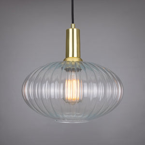 Neith Oval Reeded Glass and Brass Pendant 30cm - Main View
