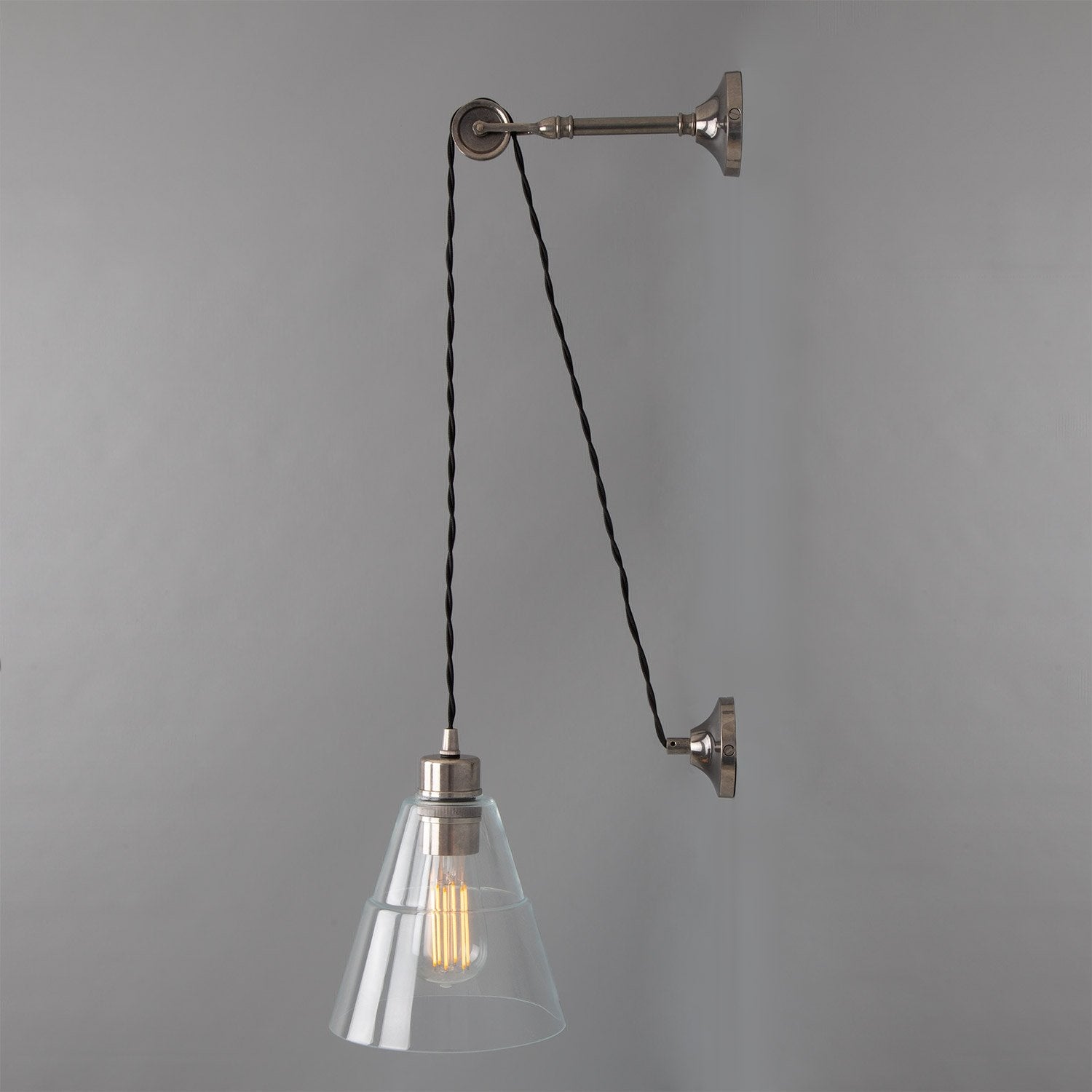Rigale Industrial Pulley Wall Light with Stepped Glass Lamp Shade - View 3